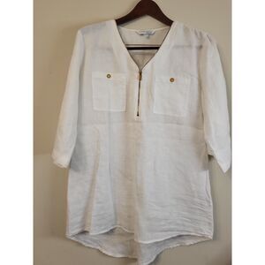 Company Ellen Tracy White 100% Linen 3/4 Roll Tab Sleeve Zip Top Women Size‎ Med